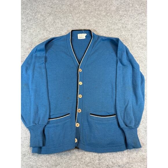 VINTAGE 60s Campus Orlon Cardigan Sweater Mens Large Blue Knit Retro Preppy - Picture 1 of 7